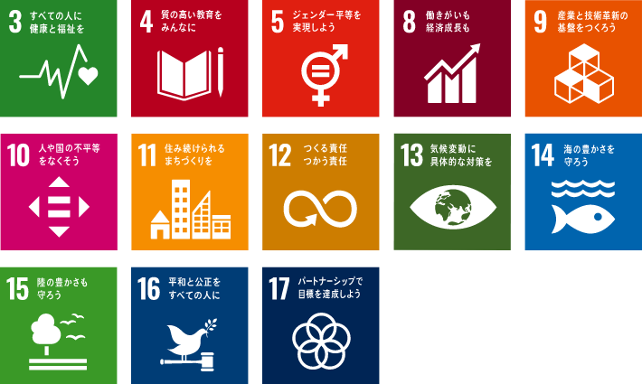 3.すべての人に健康と福祉を 4.質の高い教育をみんなに 5.ジェンダー平等を実現しよう 8.働きがいも経済成長も 9.産業と技術革新の基盤をつくろう 10.人や国の不平等をなくそう 11.住み続けられるまちづくりを 12.つくる責任 つかう責任 13.気候変動に具体的な対策を 14.海の豊かさを守ろう 15.陸の豊かさも守ろう 16.平和と公正をすべての人に 17.パートナーシップで目標を達成しよう