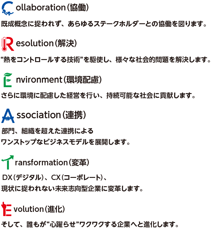 Collaboration(協働):既成概念に捉われず、あらゆるステークホルダーとの協働を図ります。 Resolution(解決):“熱をコントロールする技術”を駆使し、様々な社会的問題を解決します。 Environment(環境配慮):さらに環境に配慮した経営を行い、持続可能な社会に貢献します。 Association(連携):部門、組織を超えた連携によるワンストップなビジネスモデルを展開します。 Transformation(変革):DX(デジタル)、CX(コーポレート)、現状に捉われない未来志向型企業に変革します。 Evolution(進化):そして、誰もが“心躍らせ”ワクワクする企業へと進化します。